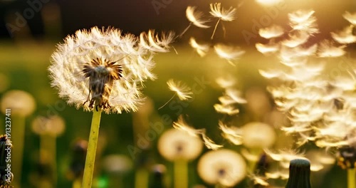 Dandelion seeds blowing in wind.
