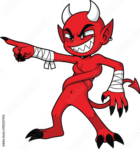 Naughty Cartoon Little Devil Character Pointing With Sharp Teeth And Horns For Halloween Horror Spooky Fun Or Rebel Attitude Concept Vector Illustration Isolated On White