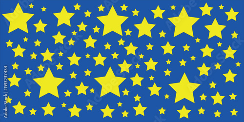 A vibrant starry night sky with numerous yellow stars of varying sizes on a deep blue background