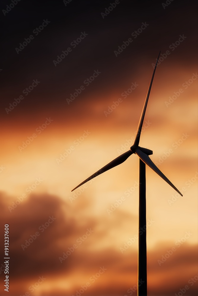 Obraz premium wind turbine silhouette at golden sunrise, renewable energy and nature harmony