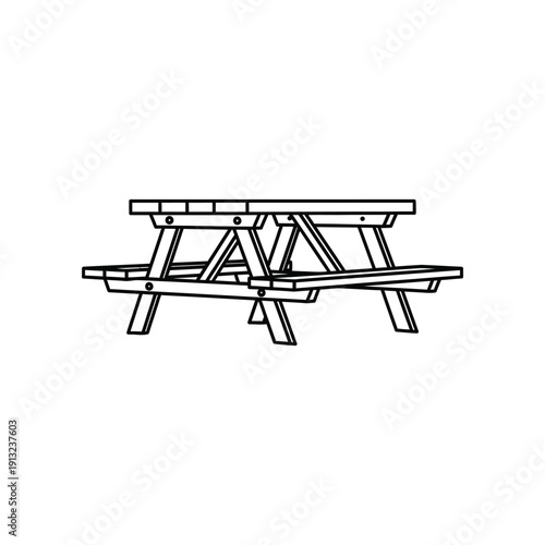 A simple picnic table with attached benches in a minimalist style drawing