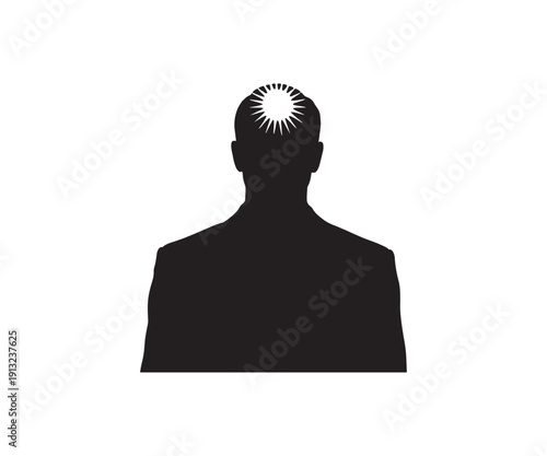 Man with radiant sunburst behind head in bright light.