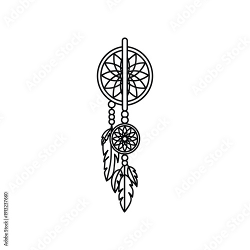 Intricate traditional dreamcatcher with feather and bead accents hanging from a central bar