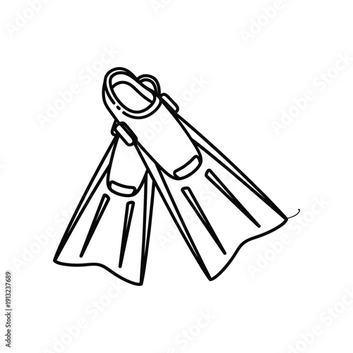 Illustration of a pair of classic black and white diving fins attached with straps.