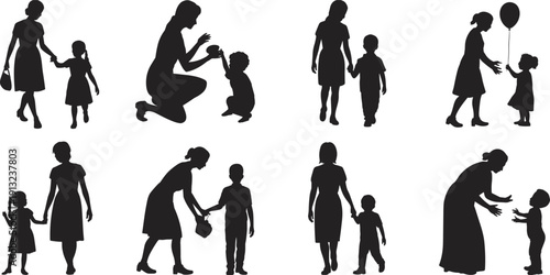 Black silhouettes of women and children interacting in various poses and activities