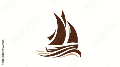 Simplified graphic of a sailboat on waves in shades of brown against a white backdrop