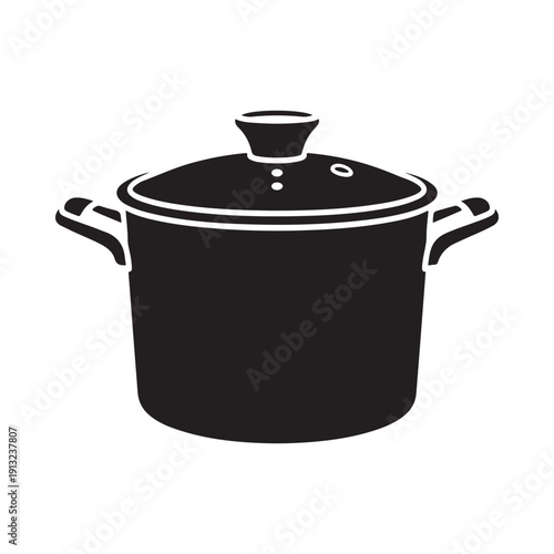 Simple black and white illustration of a cooking pot with handles and a lid