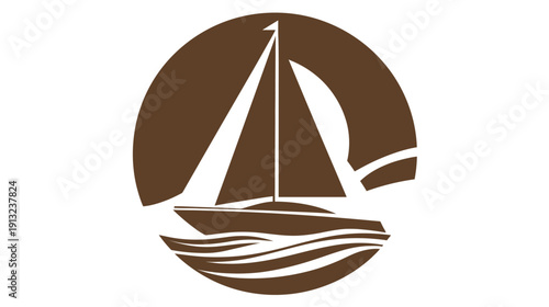 A sailboat graphic in a brown oval, with white sails and waves, creating a minimalist maritime design