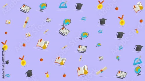 School themed cartoon icons on a purple background. Perfect for educational designs, presentations, posters, websites, and school related projects.
