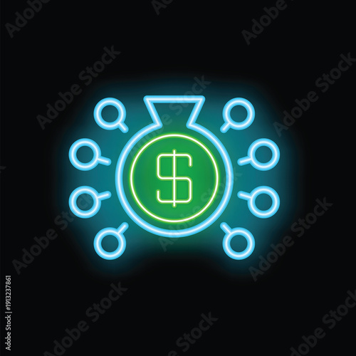 Neon sign depicting a bag of money surrounded by magnifying glasses, representing the concept of searching for investment opportunities