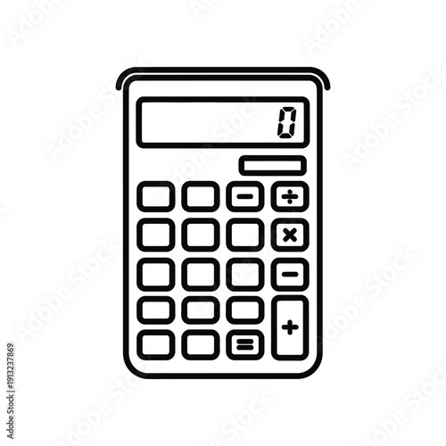 Simple black and white illustration of a basic calculator with buttons and display.