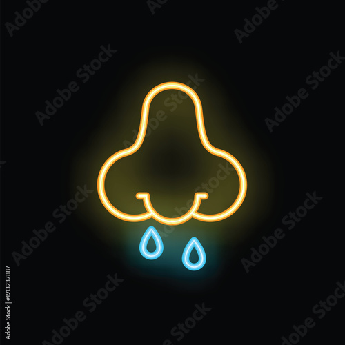 Neon sign illustrating a runny nose glowing on dark background