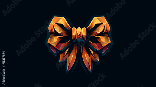 A stylized bow of layered, jewel-like shapes in golden-orange hues on a dark blue background