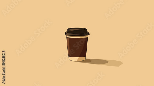 A digitally illustrated takeaway coffee cup, dark brown with a lid, and a shadow on a beige background