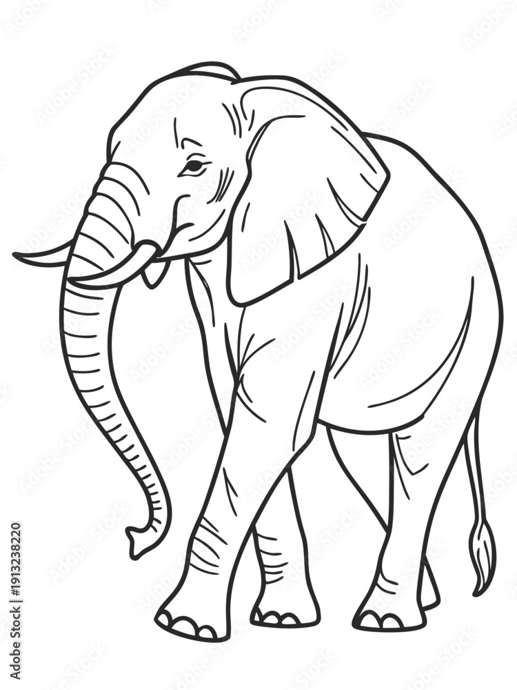 Fototapeta premium Simple black and white line art drawing of a large walking african elephant perfect for coloring books or educational materials