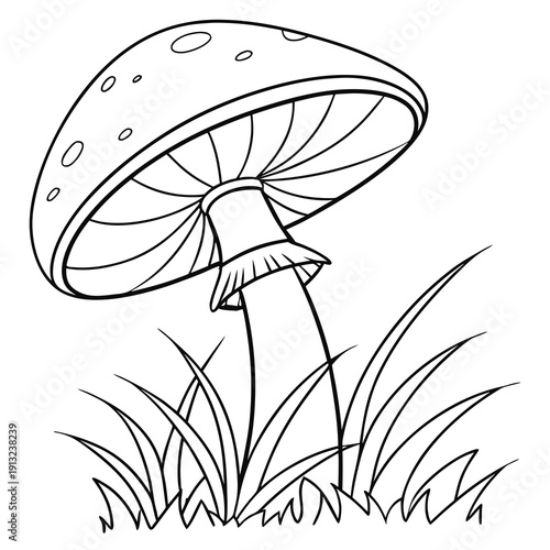 Simple outline drawing of a cute spotted mushroom growing amongst blades of grass perfect for coloring pages and educational activities