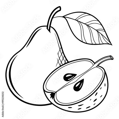 Simple black and white line art drawing depicting a whole ripe pear next to a perfectly halved section showing its inner core and edible seeds