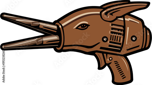 A cartoon-style ray gun with a pig-like head, in shades of brown, with a sharp muzzle