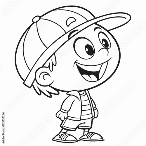 Happy cartoon boy wearing a backwards baseball cap and striped shirt stands smiling widely ready for outdoor summer adventures