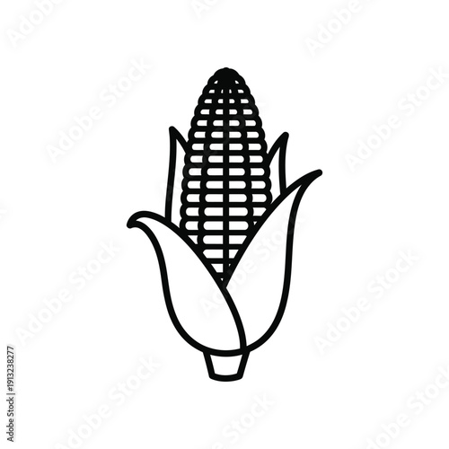 A classic illustration of a single ear of corn with detailed rows and husk leaves