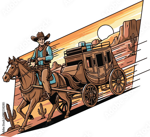 Vintage Cowboy Riding Horse with Stagecoach in Desert Landscape Vector Illustration