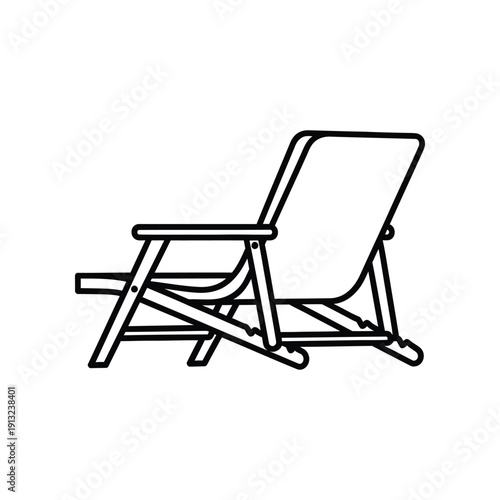 A simple line drawing of a folding deck chair in a relaxed position.