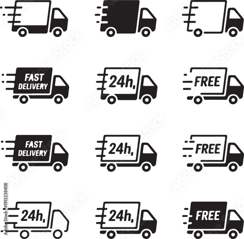 Delivery truck icons set. Fast delivery truck. Delivery service icons. Express shipping. Cargo van moving fast. Logistics trucking.