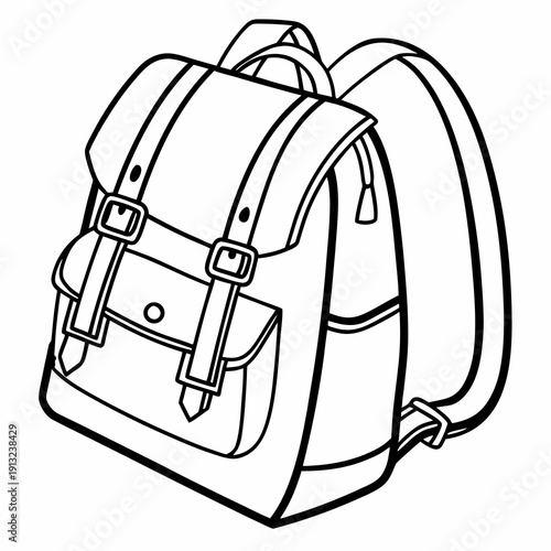 Vintage style rucksack drawing featuring prominent buckle straps and a classic flap closure design perfect for illustration
