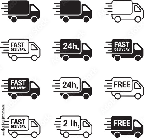 Set of delivery icons. Fast delivery, free delivery, 24 hours, truck.