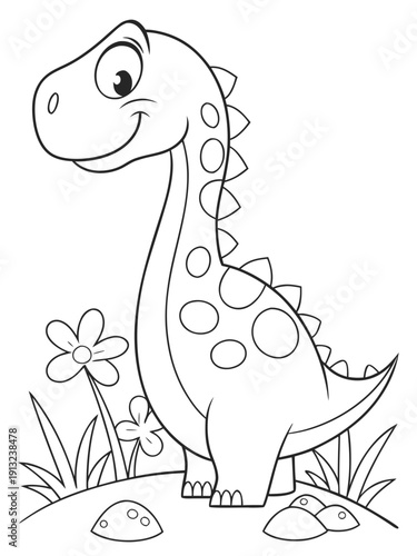 Adorable smiling cartoon dinosaur coloring page outline standing happily among small flowers and grassy ground for children activities