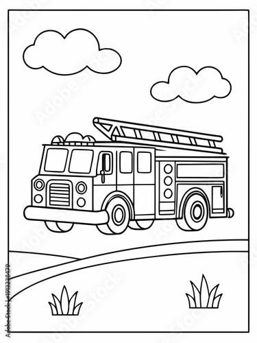 Adorable black and white outline drawing of a large fire truck complete with rooftop ladder ready for children to color in for fun activities