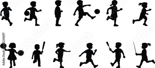 Collection of black silhouettes of children engaged in various sports and activities 1
