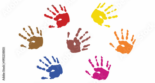 Colorful handprints arranged in a circular pattern on a plain background