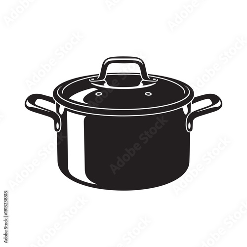 A simple black and white illustration of a cooking pot with a lid and handles