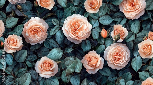 Seamless Pattern of Blush Pink Roses with Dark Green Leaves