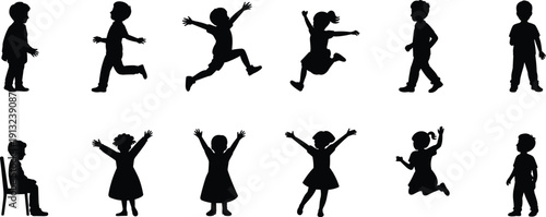 Collection of black silhouettes of children in various poses and actions on a white background