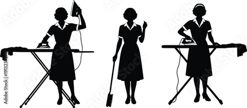 Silhouettes of women performing household chores including ironing and dusting symbolizing domestic work, cleaning, lifestyle, and traditional home care