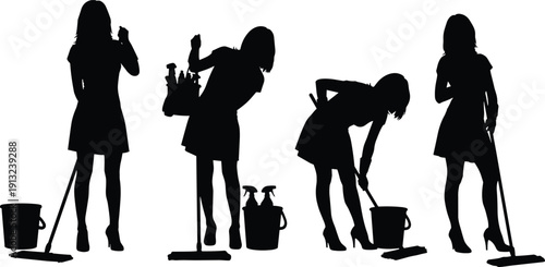 Silhouettes of women performing cleaning tasks with mops, buckets, and spray bottles symbolizing household chores, domestic work, and janitorial services