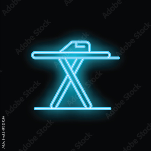 Blue neon icon of an ironing board glowing on a black background