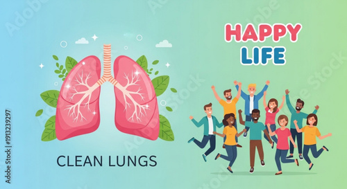 Healthy lungs and happy people living a clean life together