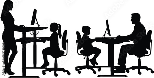 Teacher and students using desktop computers in classroom silhouette vector illustration isolated on white background for education and technology concept