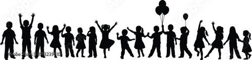 Silhouette illustration of group of children standing, dancing, waving, holding balloons, playful poses vector artwork representing celebration, joy, childhood activity