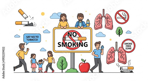 No smoking sign with people and anti smoking symbols around