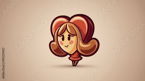 Charming cartoon depiction of a smiling woman with heart-shaped hair, blush, and a red dress