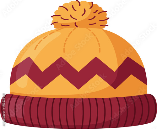 Cute Knitted Winter Beanie Hat with Pom Pom and Zigzag Pattern, Warm Cozy Seasonal Clothing Vector Illustration Isolated on Background