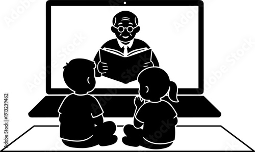 Father's day Children Learning Online from Senior Teacher via Laptop Vector Icon | Distance Education and Virtual Classroom E-Learning Silhouette Illustration