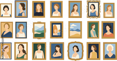 Gallery Wall Portrait Collection with Female Silhouettes in Vintage Golden Frames Elegant Museum Style Vector Illustration Set