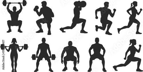 Collection of black silhouettes of men and women performing various fitness exercises
