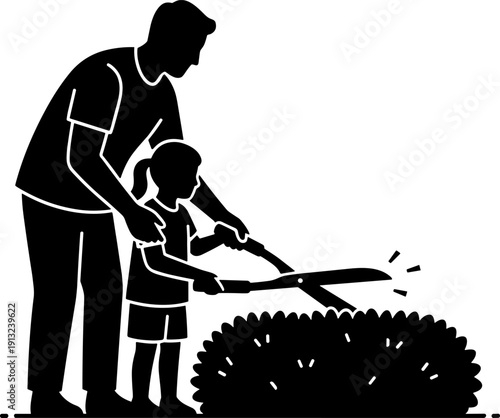 Father's day Father and Daughter Gardening Activity Glyph Icon: Dad Teaching Kid How to Trim Bushes with Hedge Shears – Family Bonding and Yard Work Black Silhouette Vector Illustration.