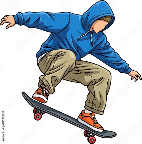 Agile skateboarder wearing a blue hoodie performing a technical kickflip trick in mid-air